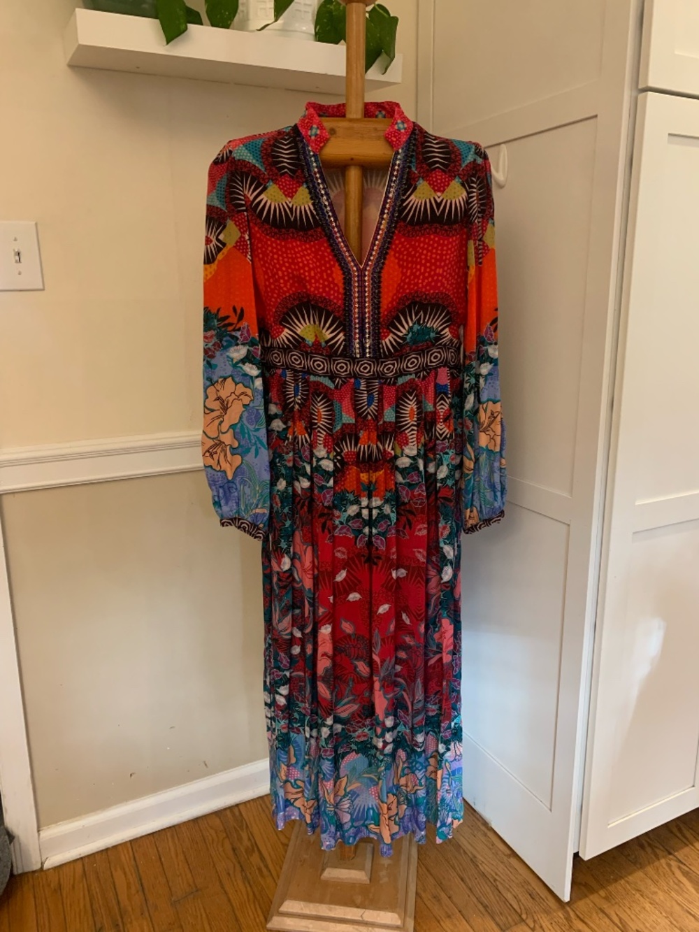 Anthropologie Bhanuni by Jyoti Floral Contrast Maxi Dress Size 10 Boho Beaded - Picture 2 of 8